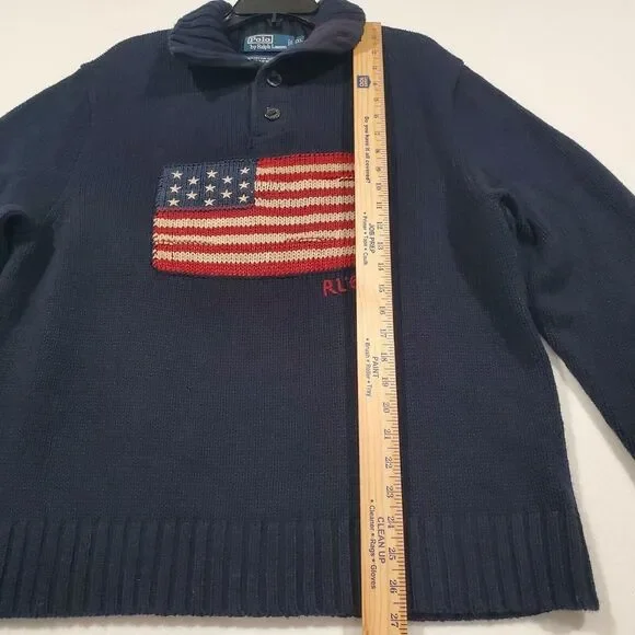 Polo Ralph Lauren Vintage American Flag Sweater Size XXL Cotton Linen Shawl Neck